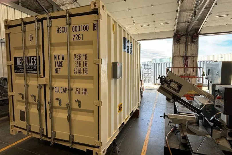 Container side view showing steel construction